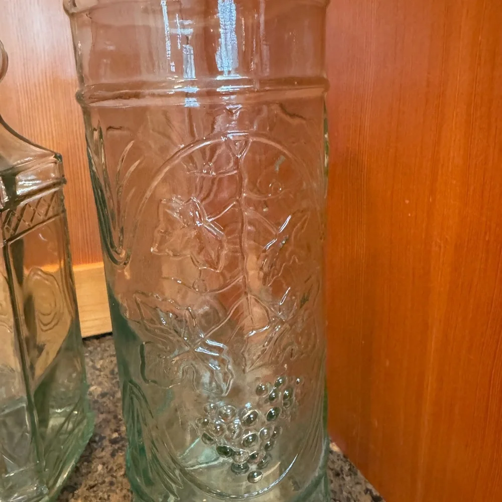 (2) Vintage Embossed Williams-Sonoma Spanish Blue/Green Glass Bottles